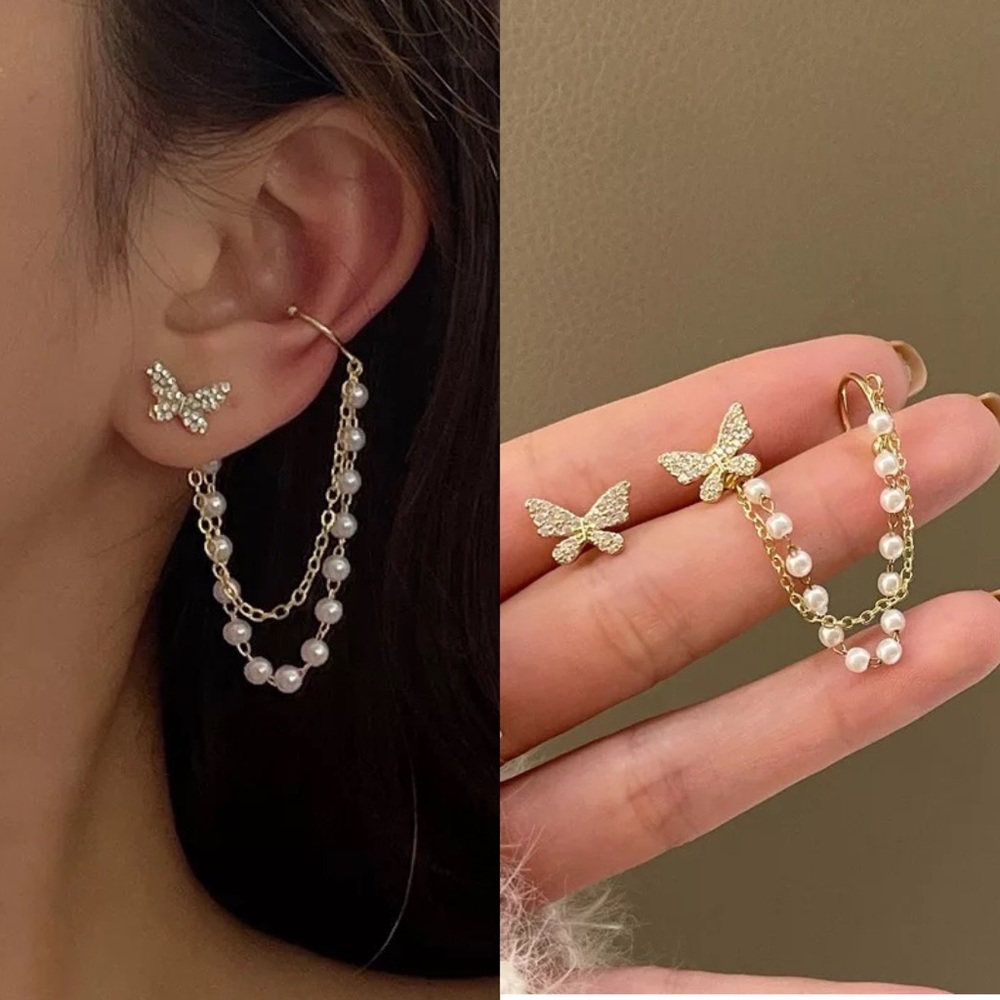 New Unworn Gold Butterfly Pearl Ear Cuff Earrings